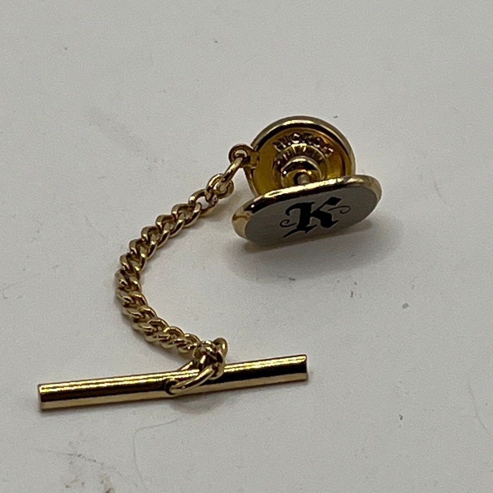 Gold Tone Tie Tack Pin with Letter K Monogram and Chain